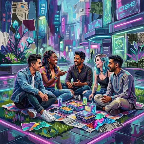 Diverse Group Enjoying Cyberpunk Picnic in Neon Park Atmosphere