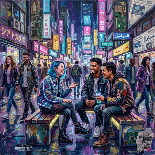 Cyberpunk Style Artwork: Diverse Group in Future Setting