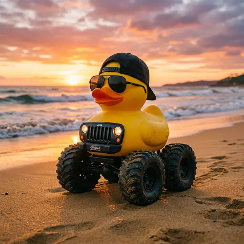 Cool Rubber Duck with Sunglasses on Beach at Sunset