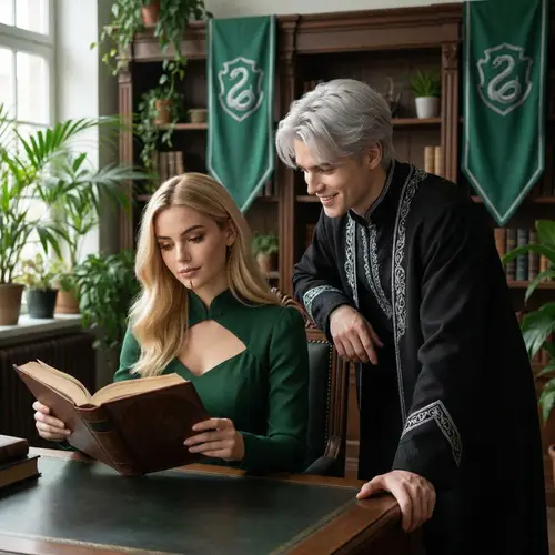 Enchanting Green-Themed School Study Scene with Captivating Characters