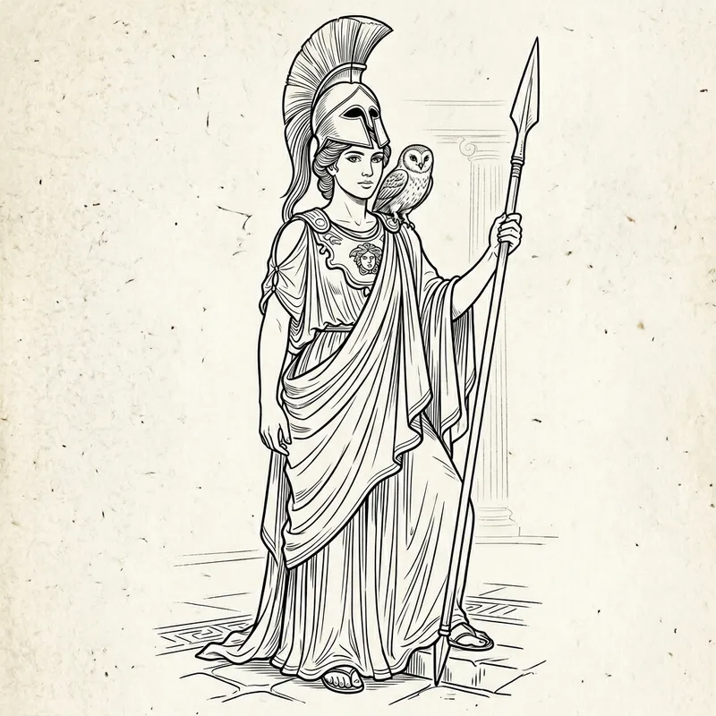 Elegant Line Drawing of Athena the Goddess
