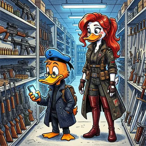 Anthropomorphic Duck Characters in Dark Clothes - Cartoon Style