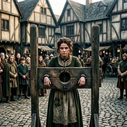 Defiant Young Female in Medieval Pillory | Historic Scene