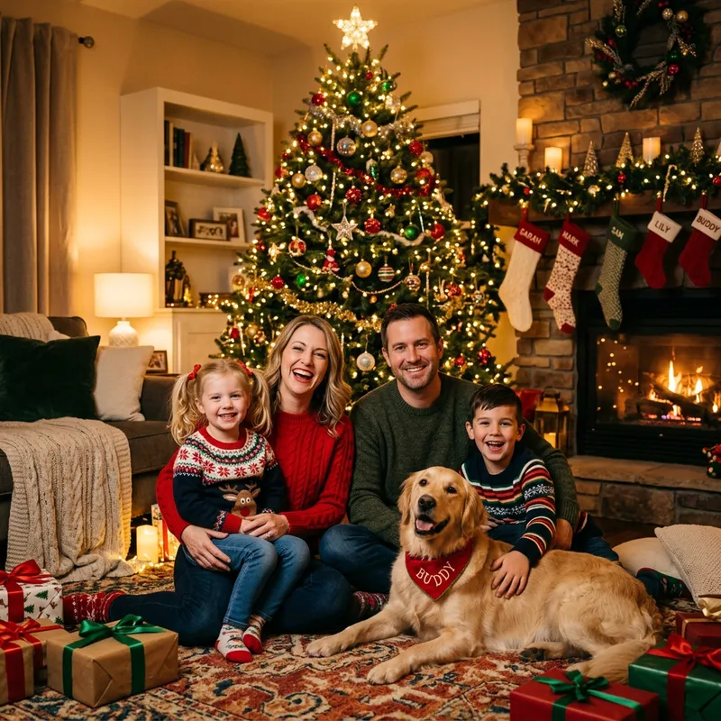 Cozy Family Christmas Photo by Decorated Tree