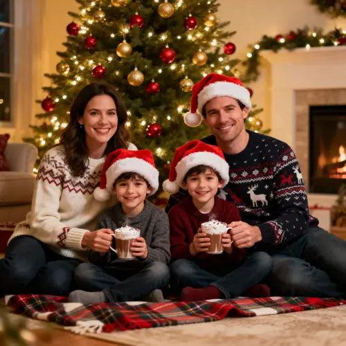 Cozy Family Christmas Photo by Decorated Tree