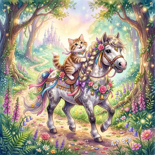Whimsical Cat Riding Pony Fantasy Painting with Vibrant Hues