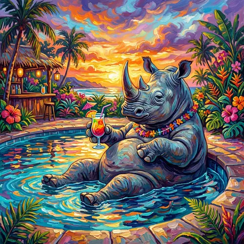 Majestic Rhino Lounging in Sparkling Pool with Tropical Cocktail