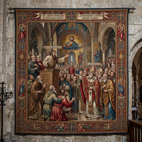 Elaborate Medieval Religious Tapestry: Arius Teaching Heresy