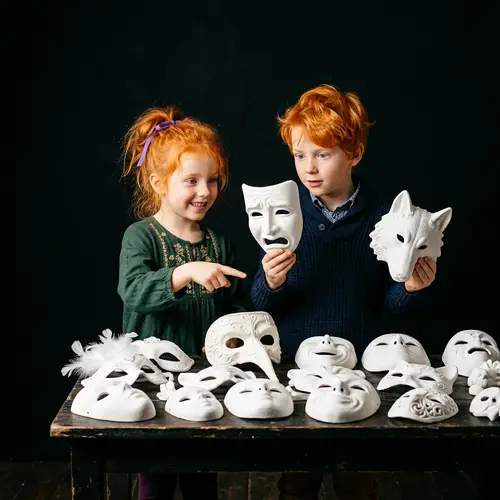 Orange Hair Girl and Boy Choosing White Masks on Black Background