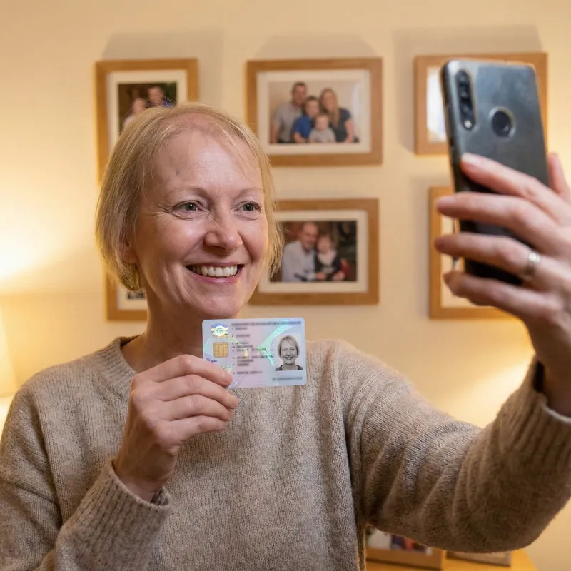 Cheerful Woman Takes Selfie with ID Card