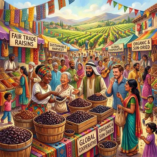 Fair Trade Raisins: Vibrant Marketplace Scene Illustration