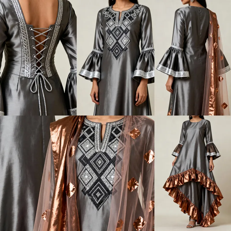 Elegant Dark Grey Silk Kurta Designs with Sheer Dupatta