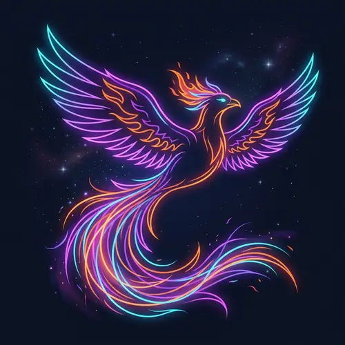 Vibrant Minimalist Phoenix Art in Purple, Orange, and Cyan