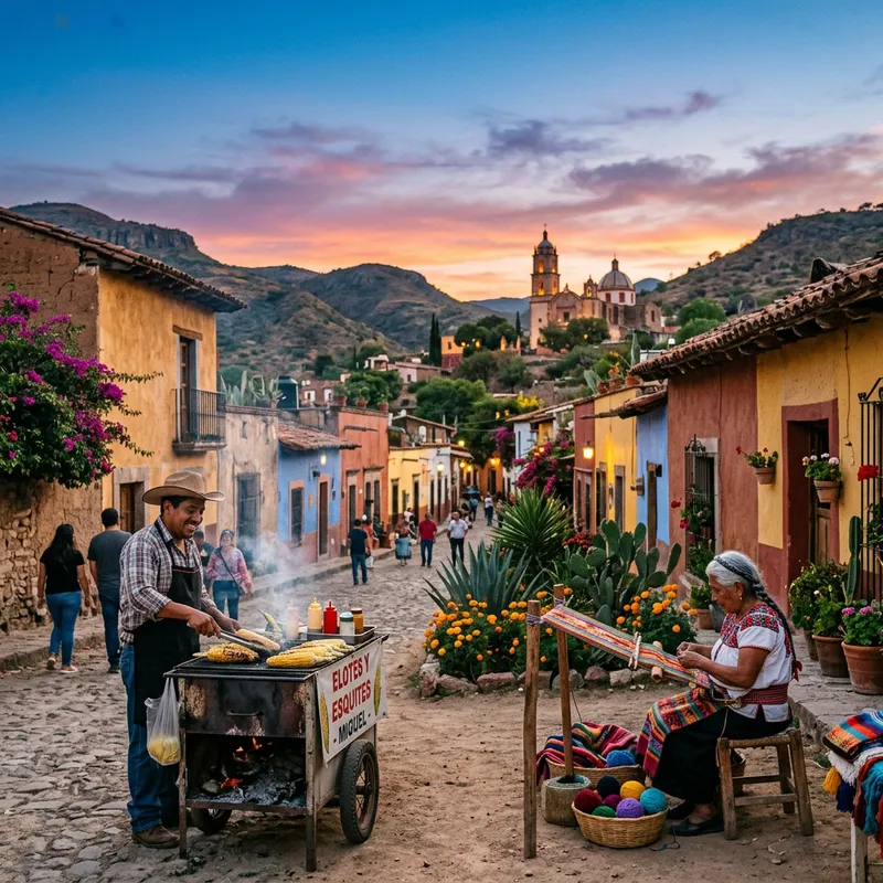 Authentic Mexican Village Scene with Elotes Grill