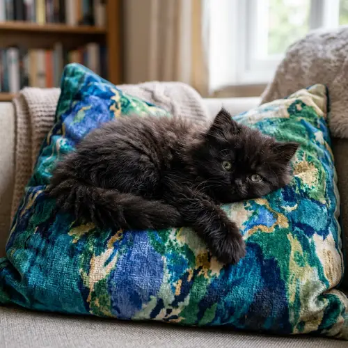 Fluffy Black Persian Kitten on Soft Plush Cushion