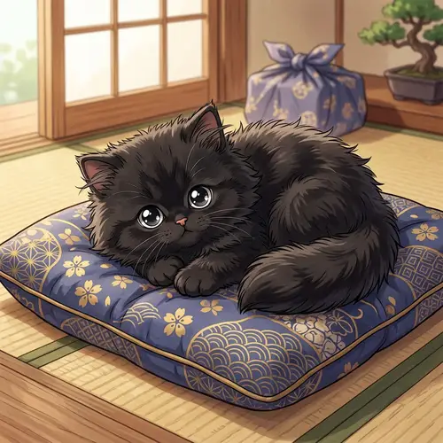 Black Persian Kitten on Soft Cushion Anime Style
