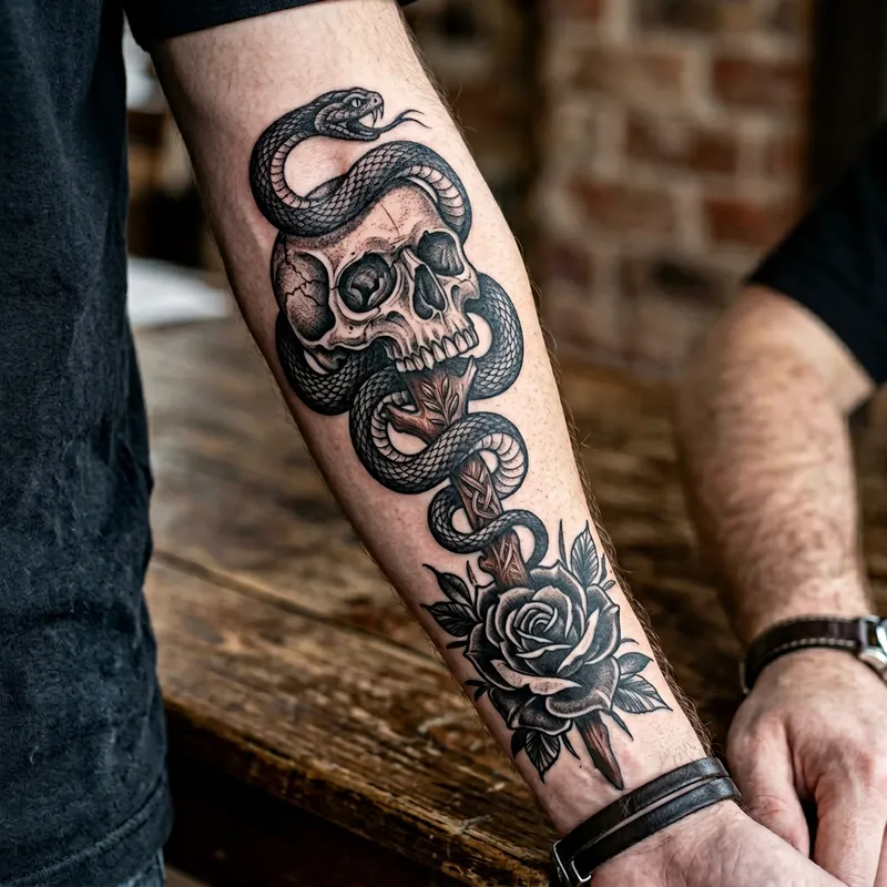 Skull and Snake Tattoo with Black Rose
