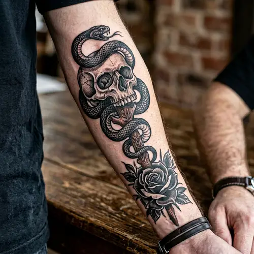 Skull and Snake Tattoo with Black Rose