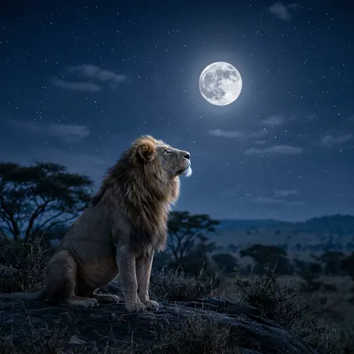 Large-Maned Lion Observing the Full Moon