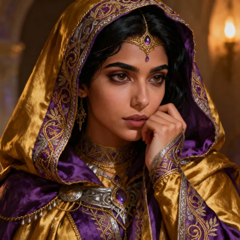 Enchanting Middle-Eastern Female Cleric in Fantasy Attire