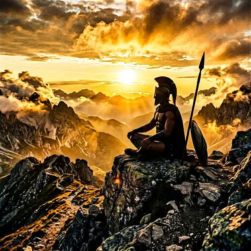 Spartan Warrior in Serenity: Epic Mountain Silhouette