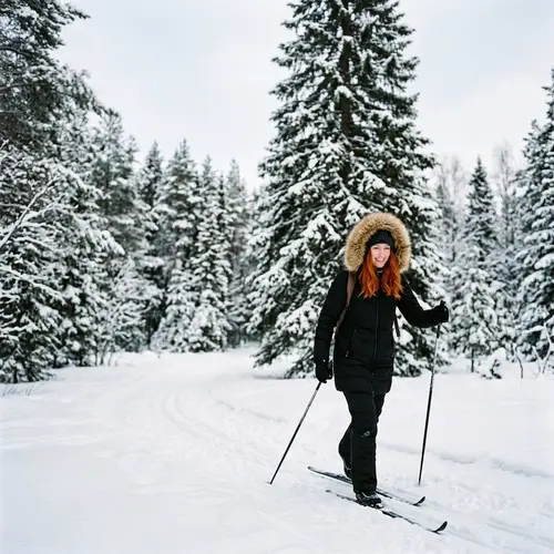 Red-Haired Woman in Black Winter Coat - Outdoor Winter Activity