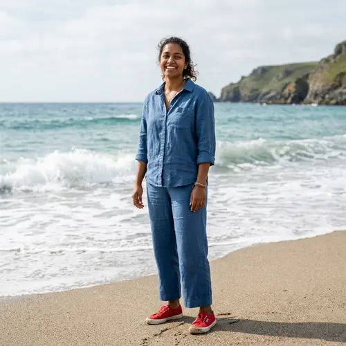 Smiling Person in Blue Outfit at the Beach