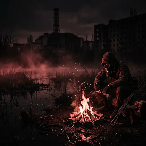 Enigmatic Stalker by Night with Fire in Chernobyl | Ambient Scene
