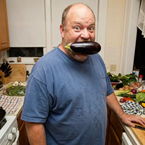 Humorous Overweight Man Holding Eggplant | Hilarity Captured
