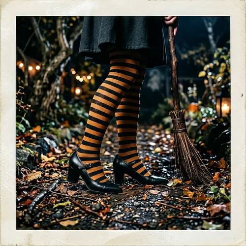 Whimsical Witch Legs in Striped Tights - Nighttime Photo