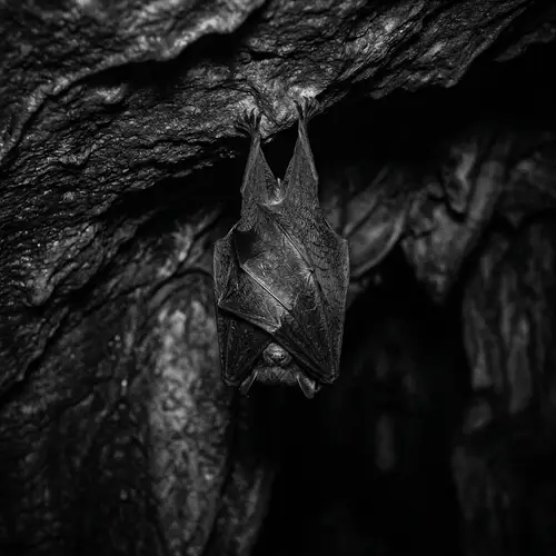 Spooky Bat Enveloped in Wings - Black and White Photo