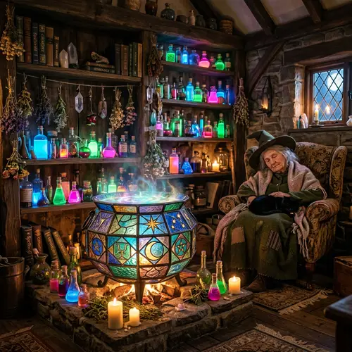 Stained Glass Witch's Cauldron in Enchanted Cottage