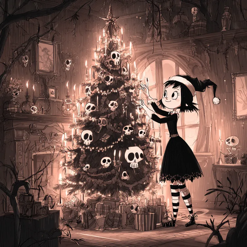 Gothic Christmas Tree Cartoon with Vintage Flair
