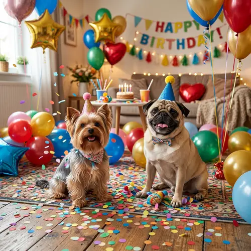 Yorkshire Terrier & Pug Party with Balloons