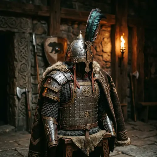 Intricately Designed Slavic Armor with Feather Detail