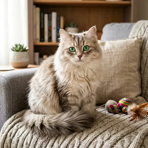 Calm and Fluffy Domestic Cat - Glistening Fur and Vibrant Green Eyes