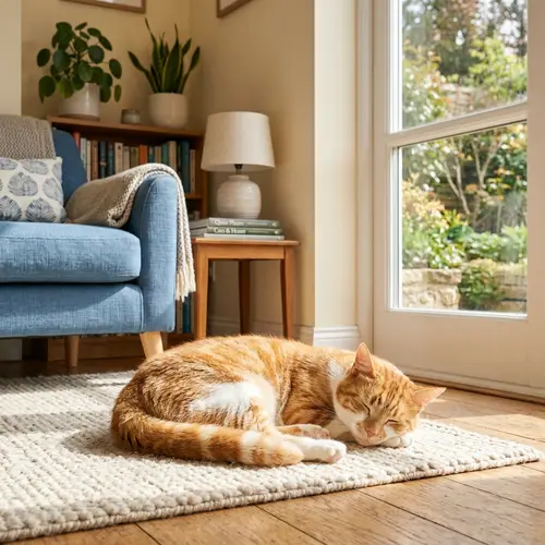 Orange and White Domestic Cat Resting in Sunny Living Room