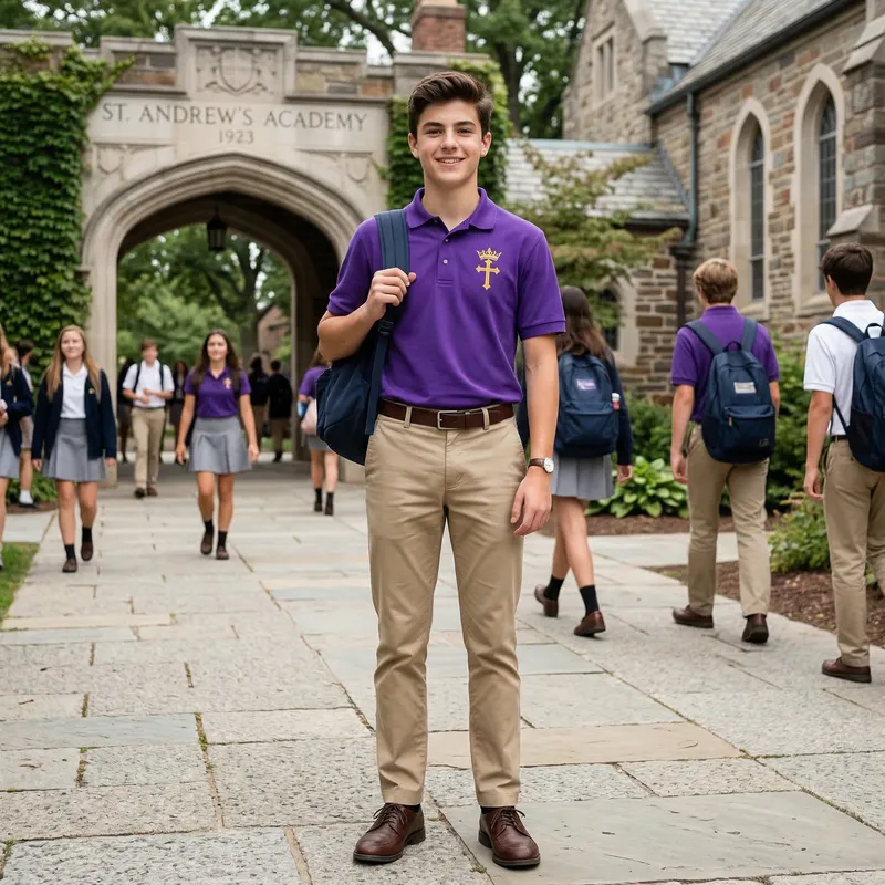 Stylish Male School Uniform - Khaki & Purple Design