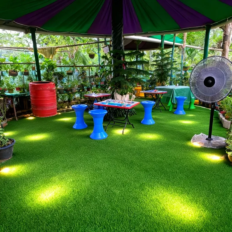 Natural Cafe Design with Artificial Grass Flooring