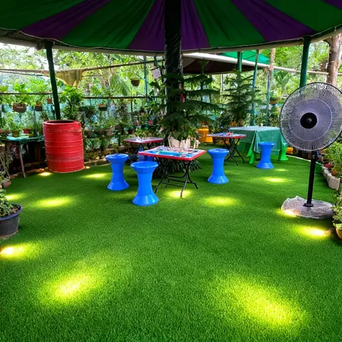 Natural Cafe Design with Artificial Grass Flooring