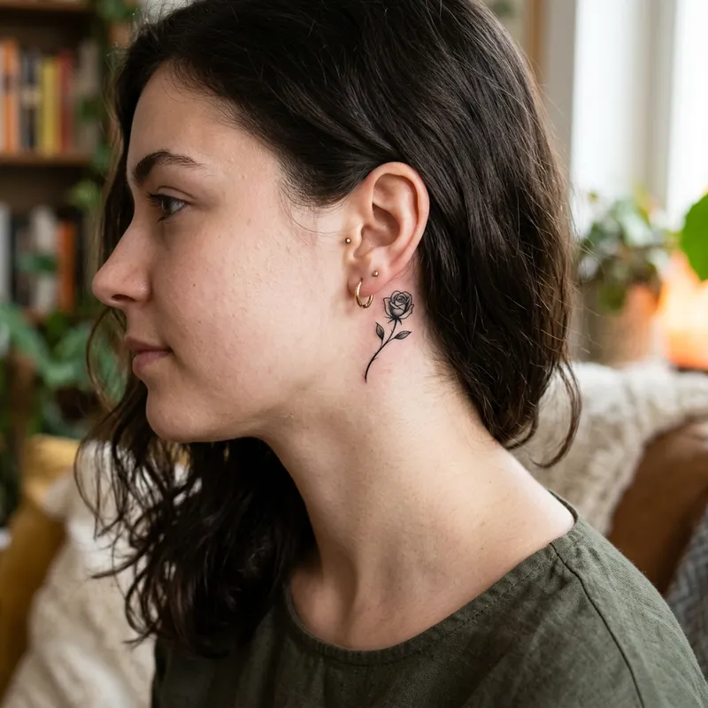 Elegant Black Rose Tattoo Behind Ear for Women Elegant Black Rose Tattoo Behind Ear for Women