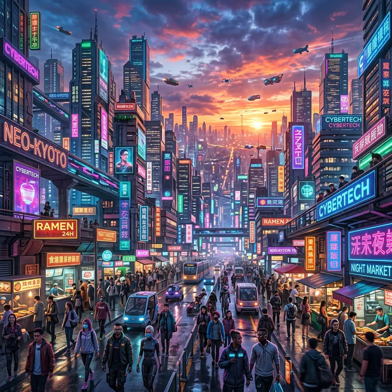 Neon Cyberpunk Cityscape at Sunset - Vibrant Streets