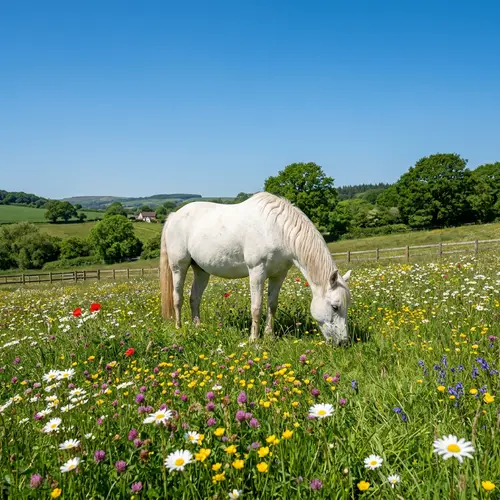 White Horse Grazing in Lush Green Field with Vibrant Flowers