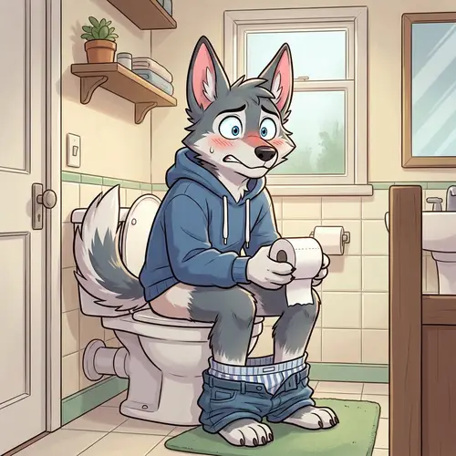 Anthropomorphic Wolf in Humorous Toilet Scene