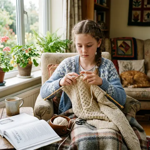 Young Caucasian Girl Knitting Intricately Patterned Aran Sweater