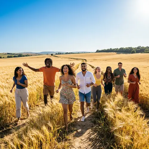 Diverse People Running in Endless Grain Field Under Sunny Sky