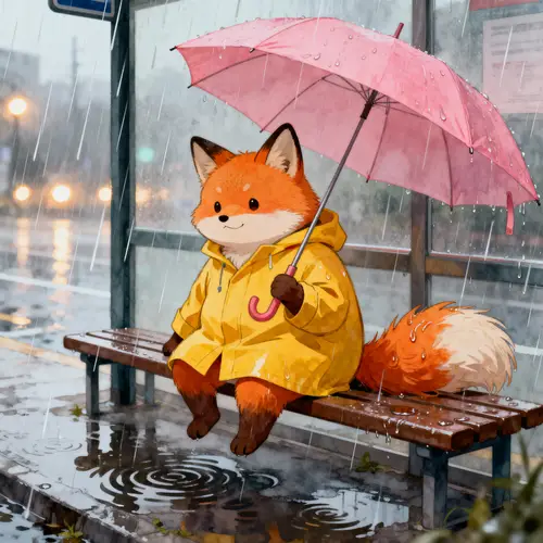 Anthropomorphic Furry at Bus Stop in Rainy Anime Style