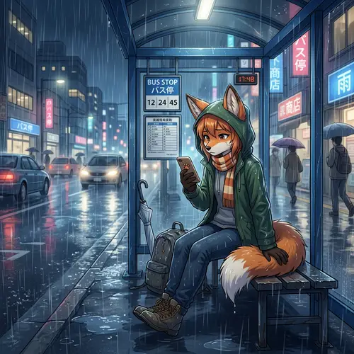 Anthropomorphic Furry at Bus Stop in Rainy Anime Style