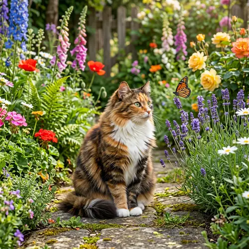 Vibrant Garden Cat with Calico Fur | Peaceful Nature Scene