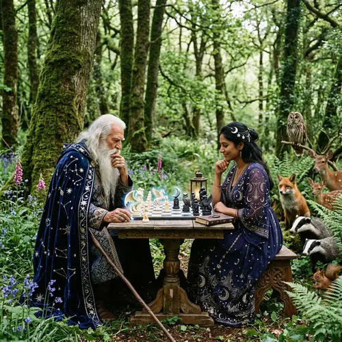 Wizard and Witch Playing Magical Chess in Enchanted Forest